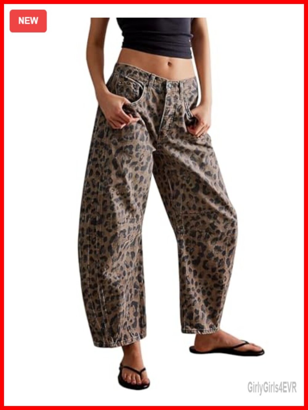 Women's Leopard Barrel Jeans Wide Leg Baggy Boyfriend Denim Ankle Pants